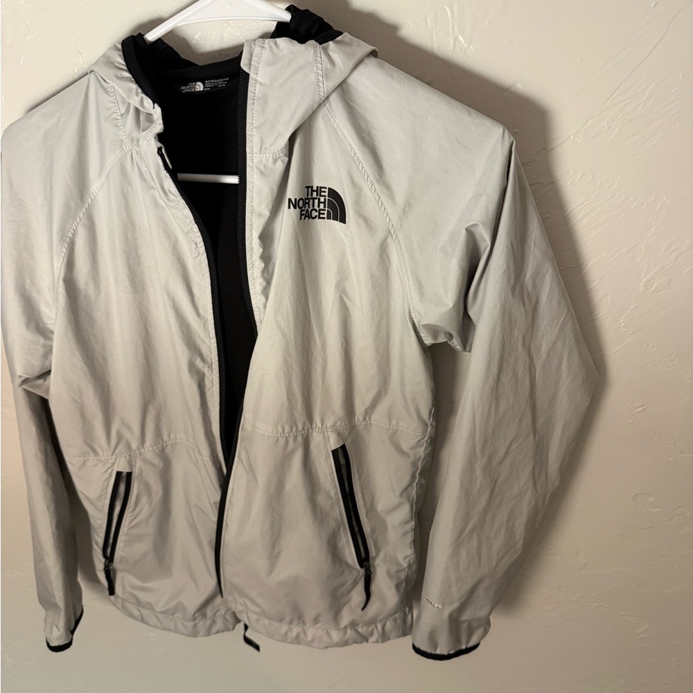 The North Face Men’s Hooded Rain Jacket in Light Gray with Black Trim